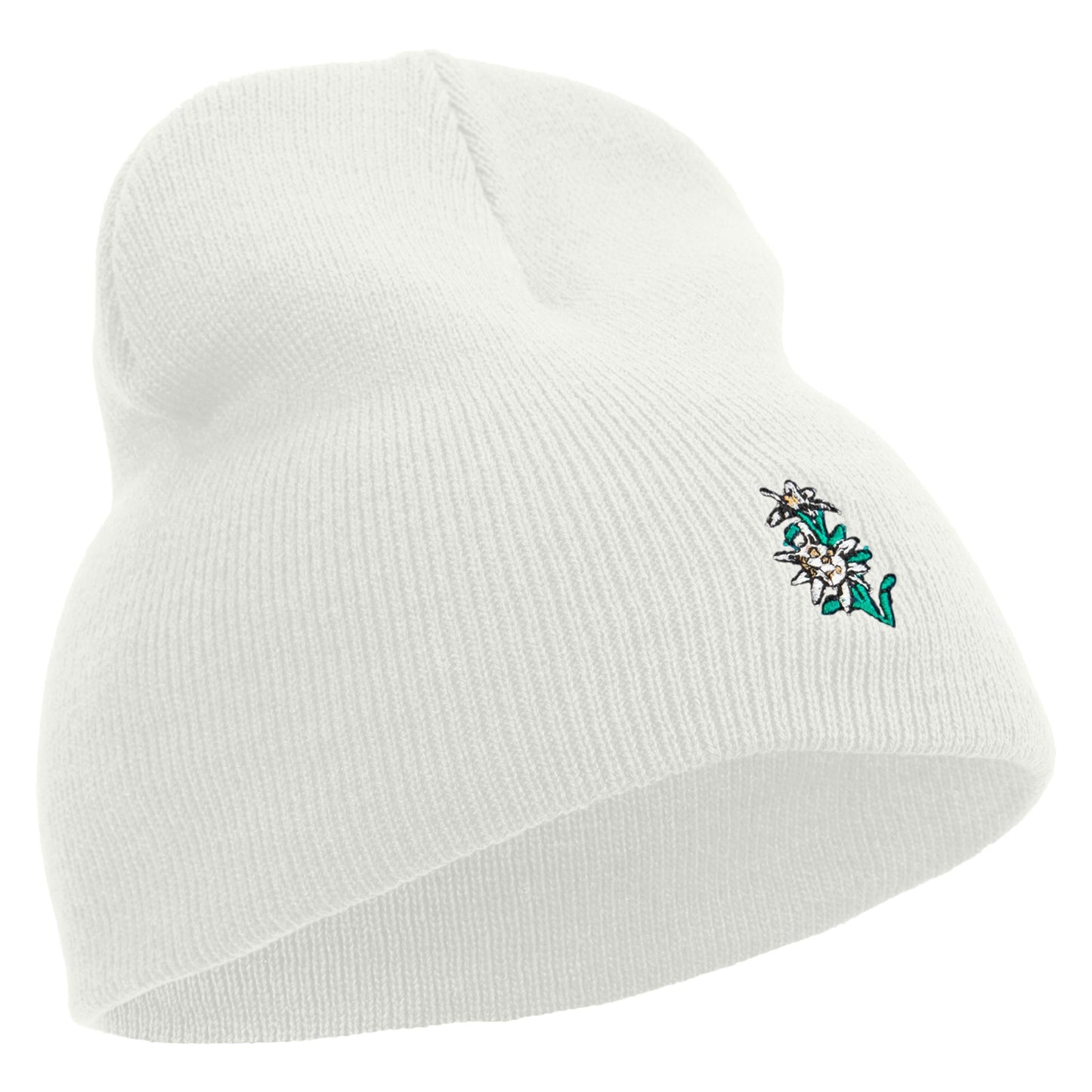 Switzerland Edelweiss Flower Embroidered 8 Inch Short Beanie